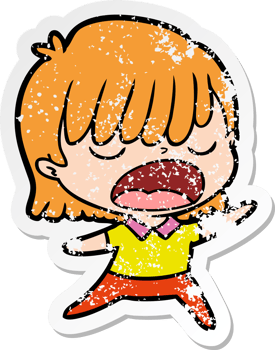 distressed sticker of a cartoon woman talking loudly png