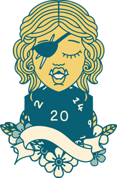 Retro Tattoo Style half orc rogue with natural twenty dice roll png
