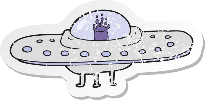 retro distressed sticker of a cartoon flying saucer png