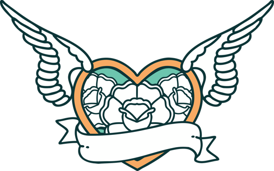 iconic tattoo style image of a flying heart with flowers and banner png