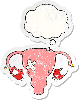 cartoon beat up uterus with boxing gloves with thought bubble as a distressed worn sticker png