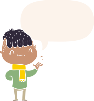 cartoon friendly boy with speech bubble in retro style png