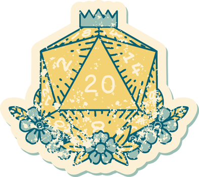 Retro Tattoo Style natural 20 D20 dice roll with floral elements png
