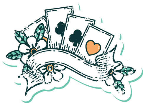 iconic distressed sticker tattoo style image of cards and banner png