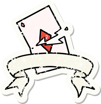 worn old sticker with banner of a torn card png
