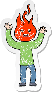 retro distressed sticker of a cartoon man with head on fire png