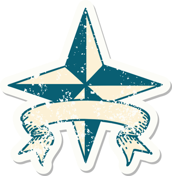 worn old sticker with banner of a star symbol png