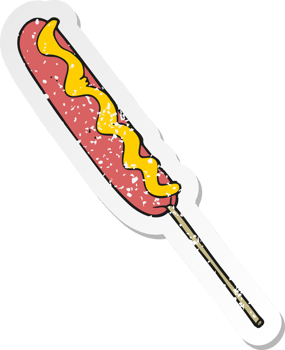 retro distressed sticker of a cartoon hotdog on a stick png
