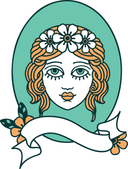 traditional tattoo with banner of a maiden with flowers in her hair png