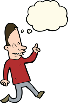 cartoon happy man pointing with thought bubble png
