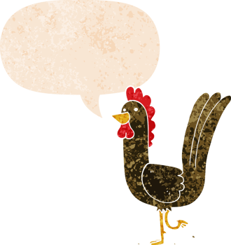 cartoon rooster with speech bubble in grunge distressed retro textured style png