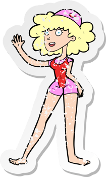 retro distressed sticker of a cartoon swimmer woman drawing png