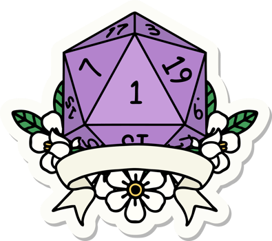 sticker of a natural one d20 dice roll png