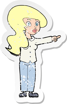 retro distressed sticker of a cartoon pretty woman pointing drawing png