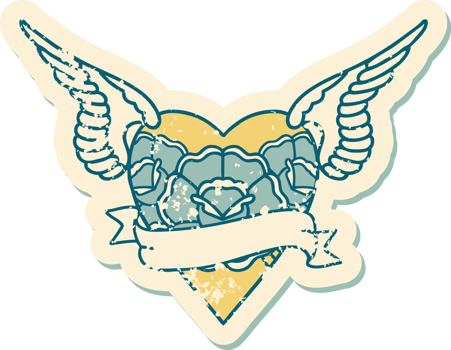 iconic distressed sticker tattoo style image of heart with wings flowers and banner png