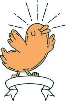 scroll banner with tattoo style happy bird png