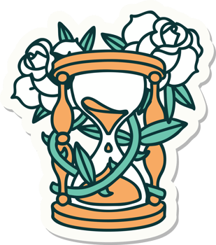 sticker of tattoo in traditional style of an hour glass and flowers png