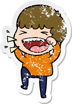 distressed sticker of a cartoon laughing man png