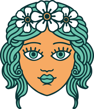 iconic tattoo style image of female face with crown of flowers png