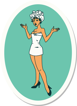sticker of tattoo in traditional style of a pinup girl in towels png