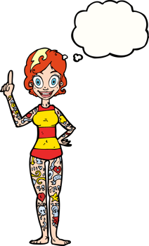cartoon woman covered in tattoos with thought bubble png