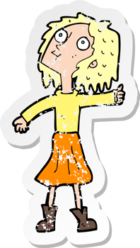 retro distressed sticker of a cartoon woman looking up to the sky drawing png
