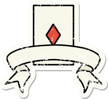 worn old sticker with banner of the ace of diamonds png