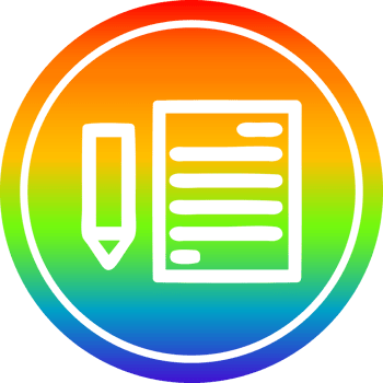 document and pencil circular icon with rainbow gradient finish png
