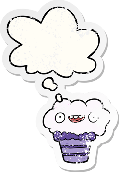 cartoon cupcake with thought bubble as a distressed worn sticker png