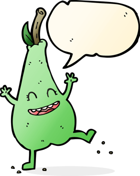 cartoon happy dancing pear with speech bubble png