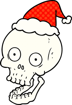 hand drawn comic book style illustration of a skull wearing santa hat png