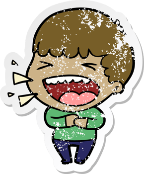 distressed sticker of a cartoon laughing man png