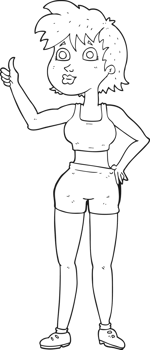 hand drawn black and white cartoon happy gym woman png