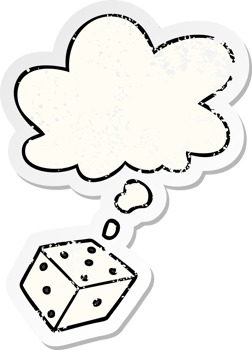 cartoon dice with thought bubble as a distressed worn sticker png