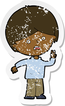 retro distressed sticker of a cartoon unhappy boy giving peace sign drawing png
