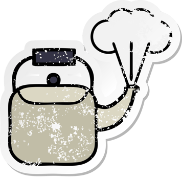 distressed sticker of a cute cartoon steaming kettle png