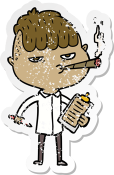 distressed sticker of a cartoon salesman smoking png
