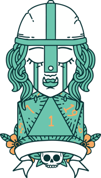 Retro Tattoo Style crying orc fighter character with natural one D20 roll png