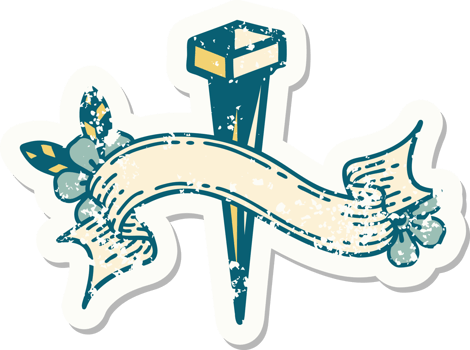 worn old sticker with banner of iron nail png