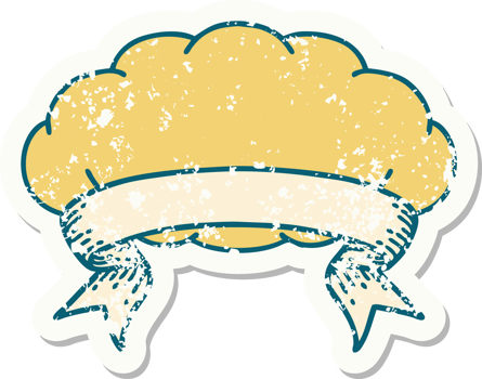 worn old sticker with banner of a grey cloud png
