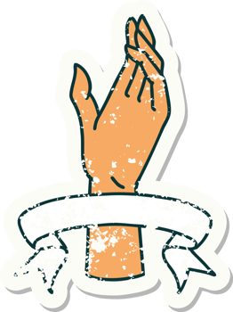 worn old sticker with banner of a hand png