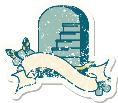 worn old sticker with banner of a grave stone png