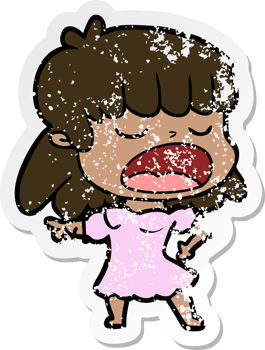 distressed sticker of a cartoon woman talking loudly png