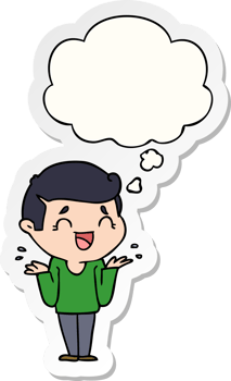 cartoon laughing confused man with thought bubble as a printed sticker png