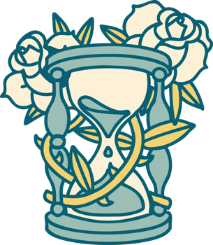 iconic tattoo style image of an hour glass and flowers png