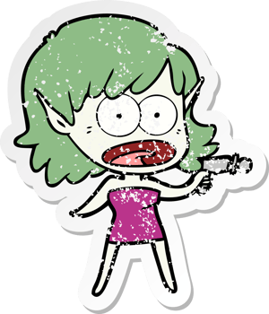 distressed sticker of a cartoon shocked alien girl with ray gun png