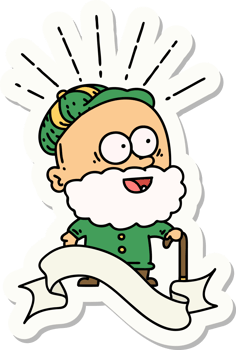 sticker of a tattoo style happy old man with walking stick png