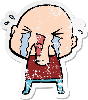 distressed sticker of a cartoon crying bald man png