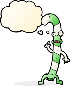 cartoon dancing christmas candy cane with thought bubble png