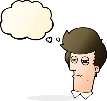 cartoon man with narrowed eyes with thought bubble png